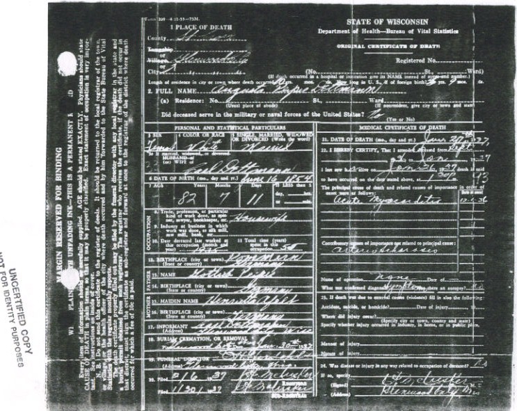 Augusta Dettmann Death Certificate